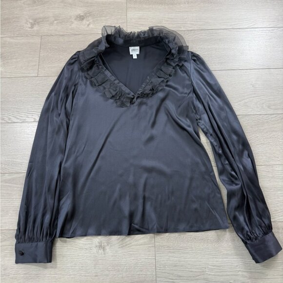 Armani Collezioni Gunmetal Gray Silk Ruffled V-Neck Blouse - Picture 2 of 11